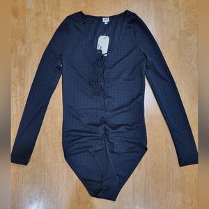 NWT Uniq black long sleeve crochet lace up bodysuit